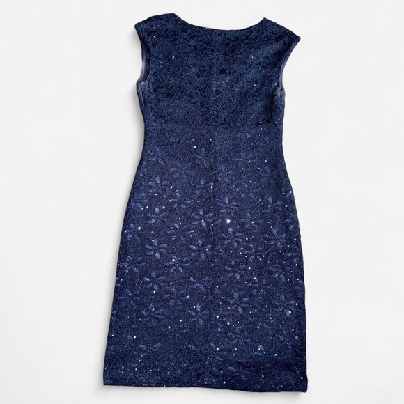 Navy Lace and Sequin Sheath Dress with Cowl Neckline - Picture 2 of 8
